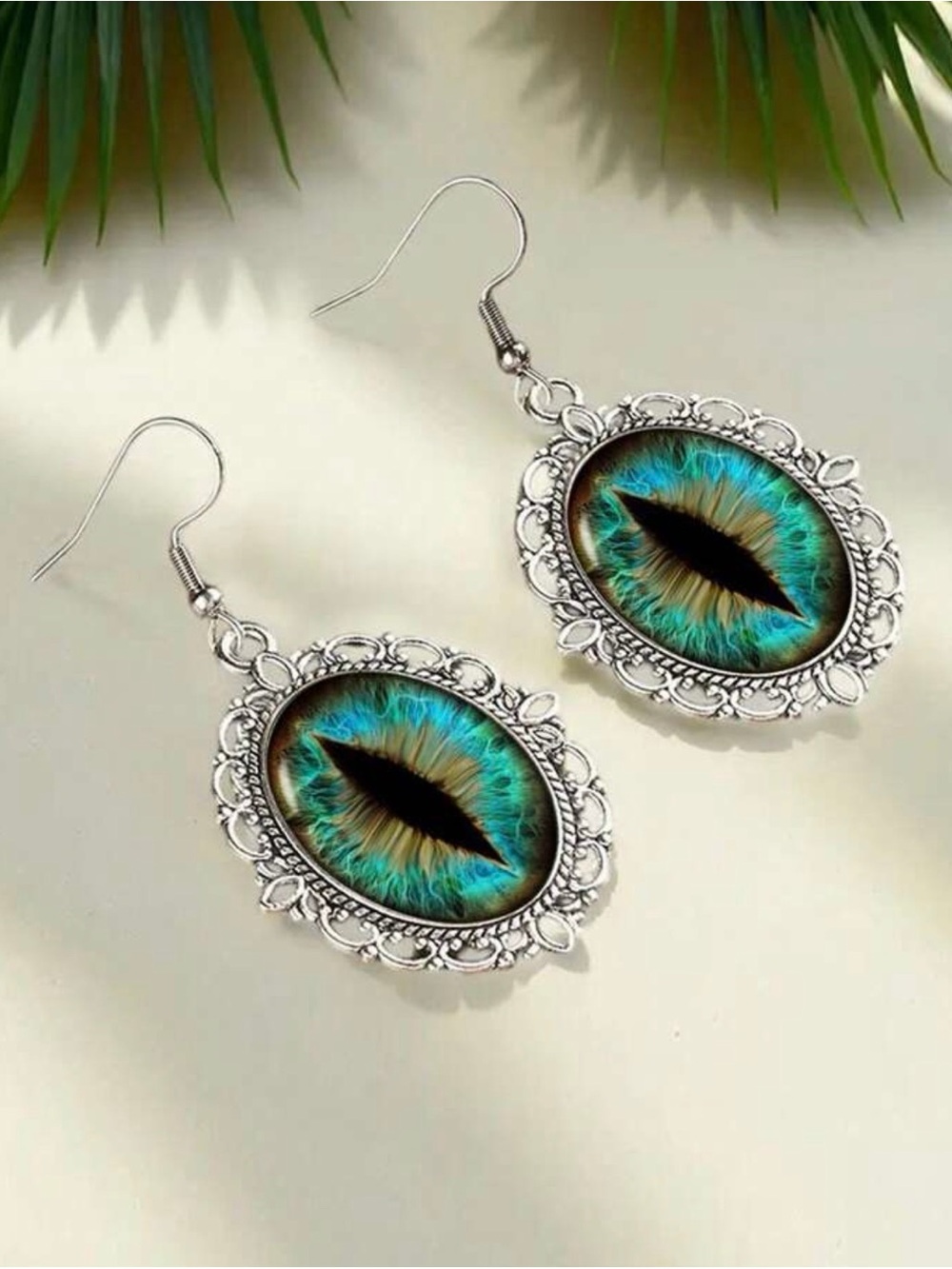 Silver Filigree Dragon Eye Dangle Earrings - Turquoise Green